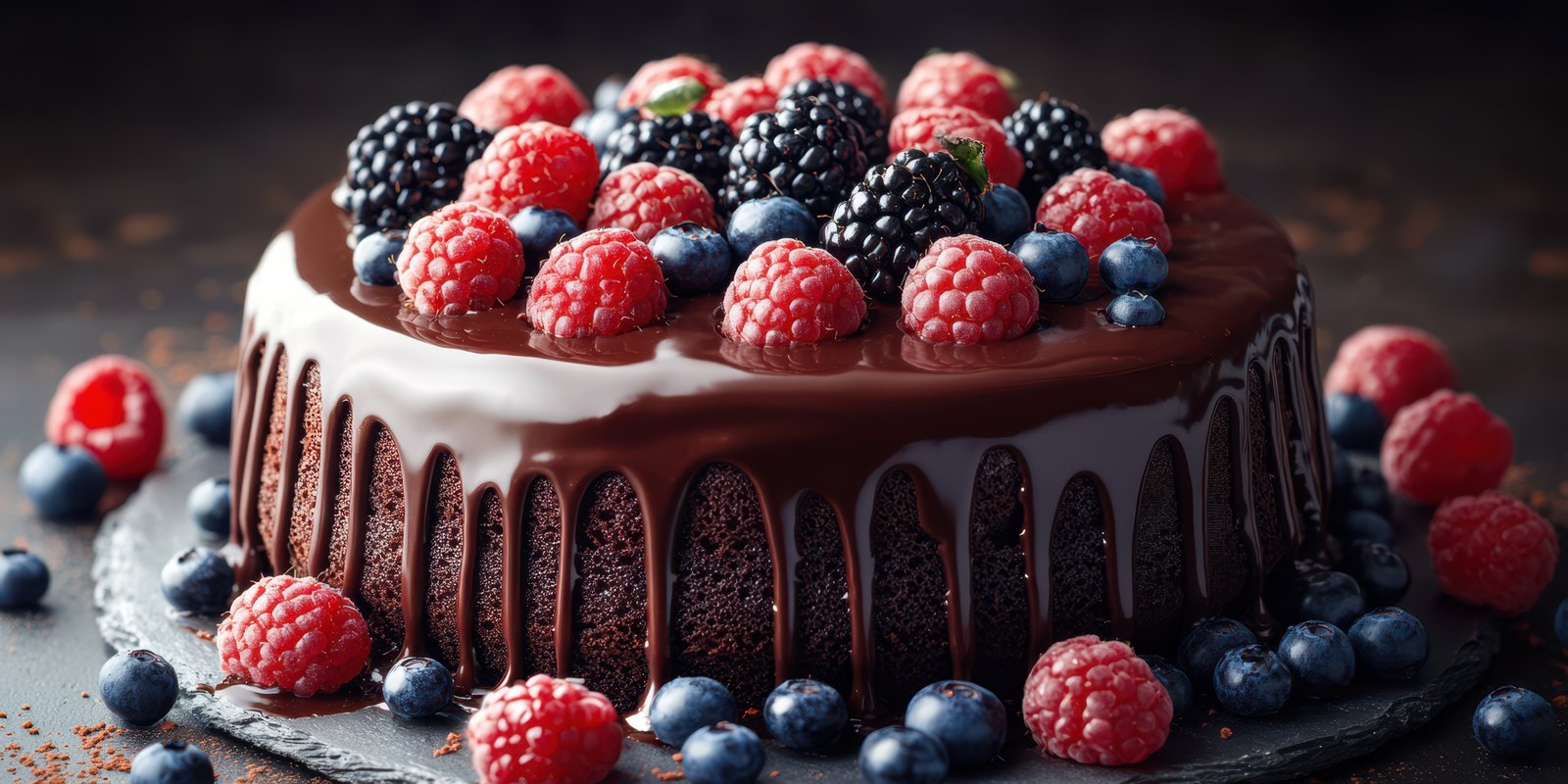 Delicious chocolate cake topped with fresh berries displayed on a dark slate plate in a cozy kitchen setting